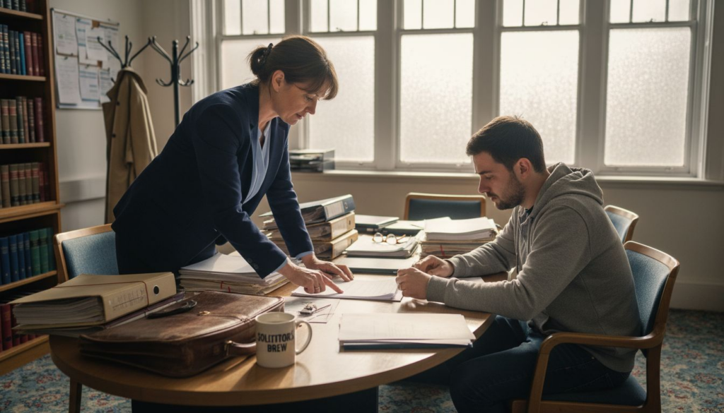 Solicitor consulting with client in law office