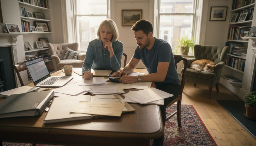 Family reviewing estate documents at home