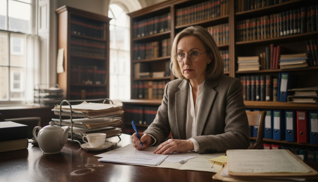 Solicitor reviewing probate forms at legal desk
