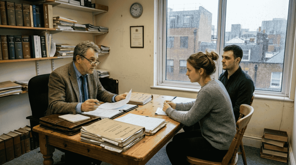 Family solicitor advising couple in office