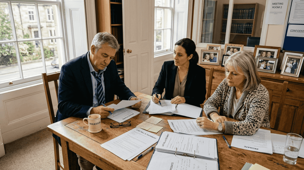 Couple reviewing divorce settlement papers in solicitor’s office