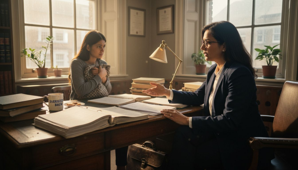 Solicitor and client meet in law office