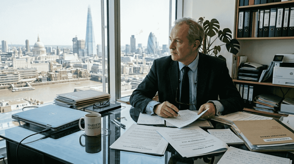 Solicitor reviewing divorce property papers in London office