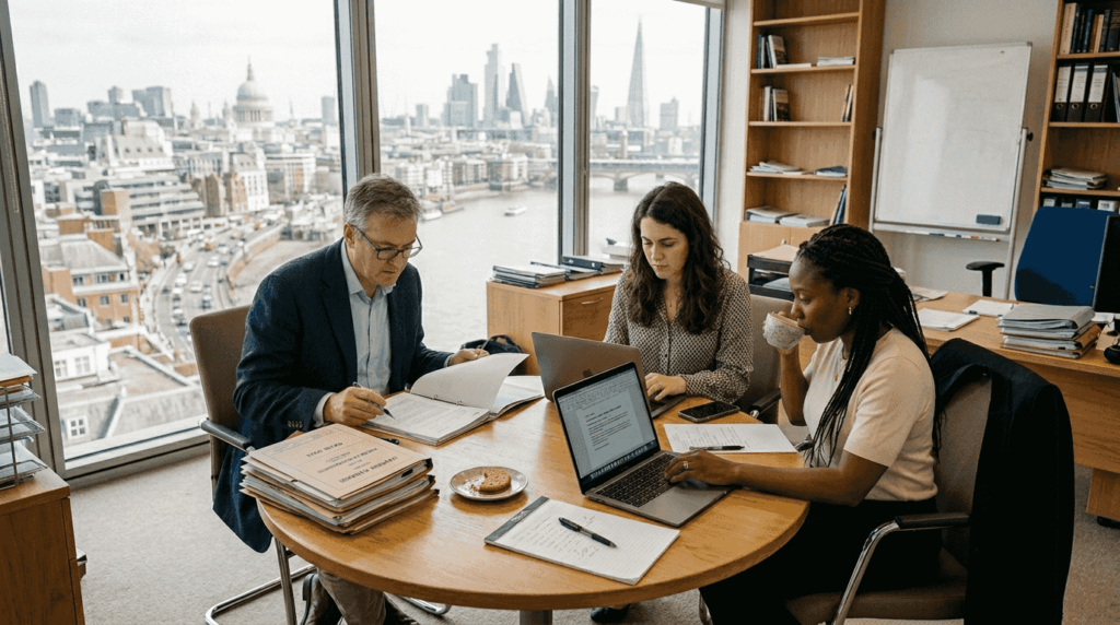 Family law team meeting in bright city office