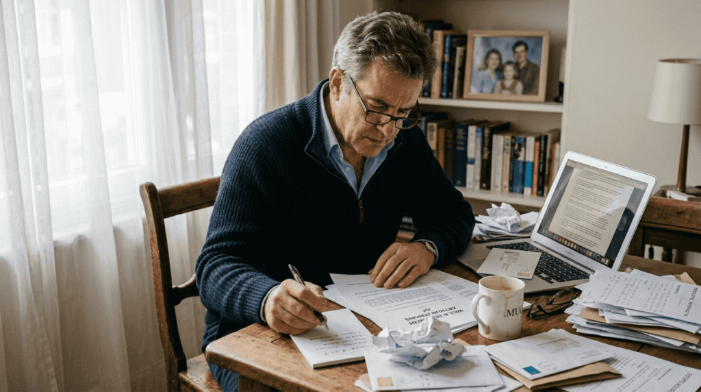 Executor reviewing probate paperwork at home