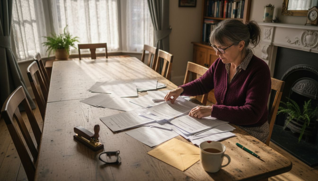 Executor sorting probate paperwork at home table