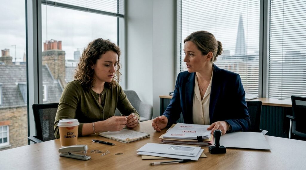 Solicitor and client discuss legal aid at table