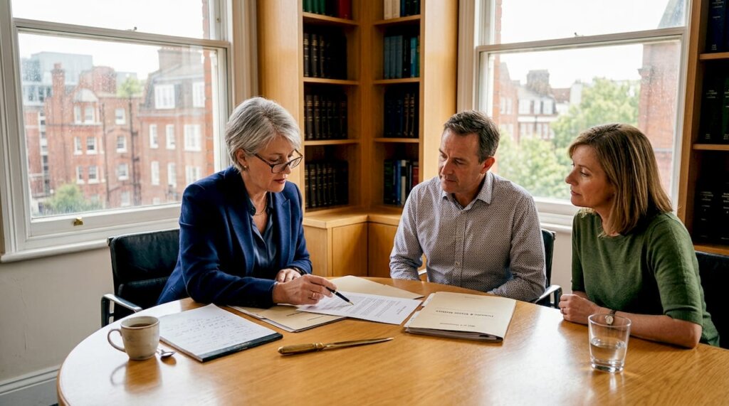 Solicitor meeting with clients over estate documents