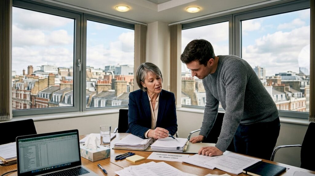 Solicitor consulting with client in London law office