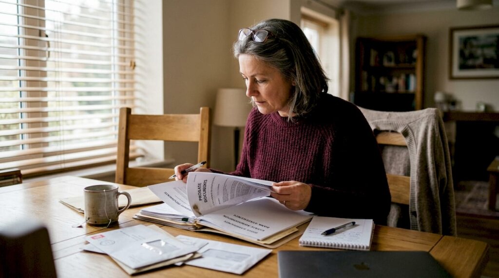 Woman reviewing probate paperwork at home desk