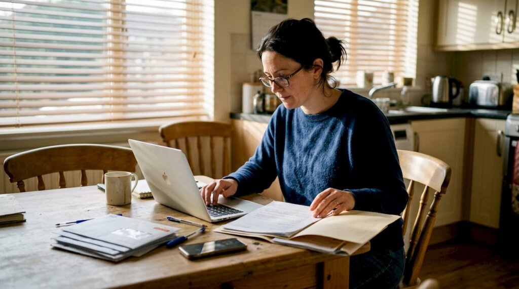 Woman reviewing estate documents at kitchen table