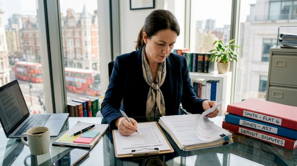 Landlord solicitor reviewing tenancy documents at desk
