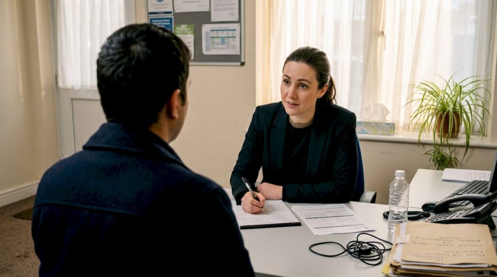 Solicitor advising domestic abuse client in office