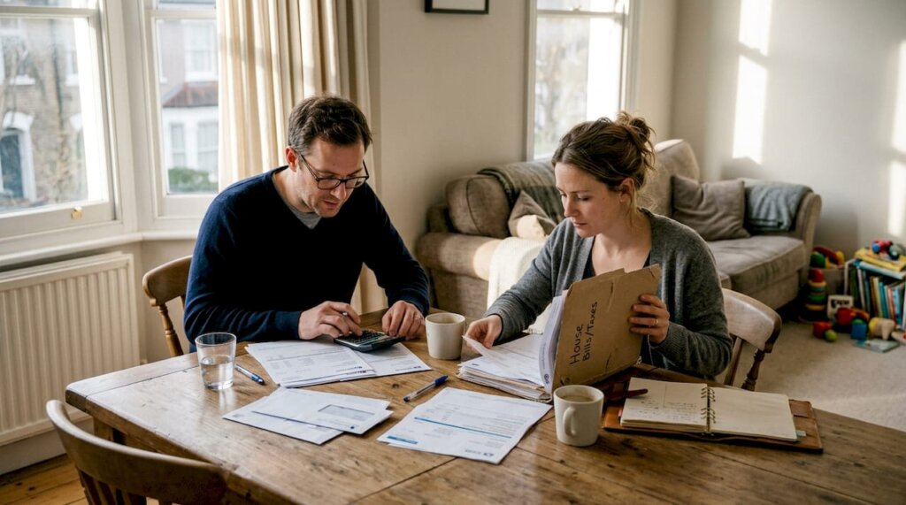 Couple reviewing property division documents at home