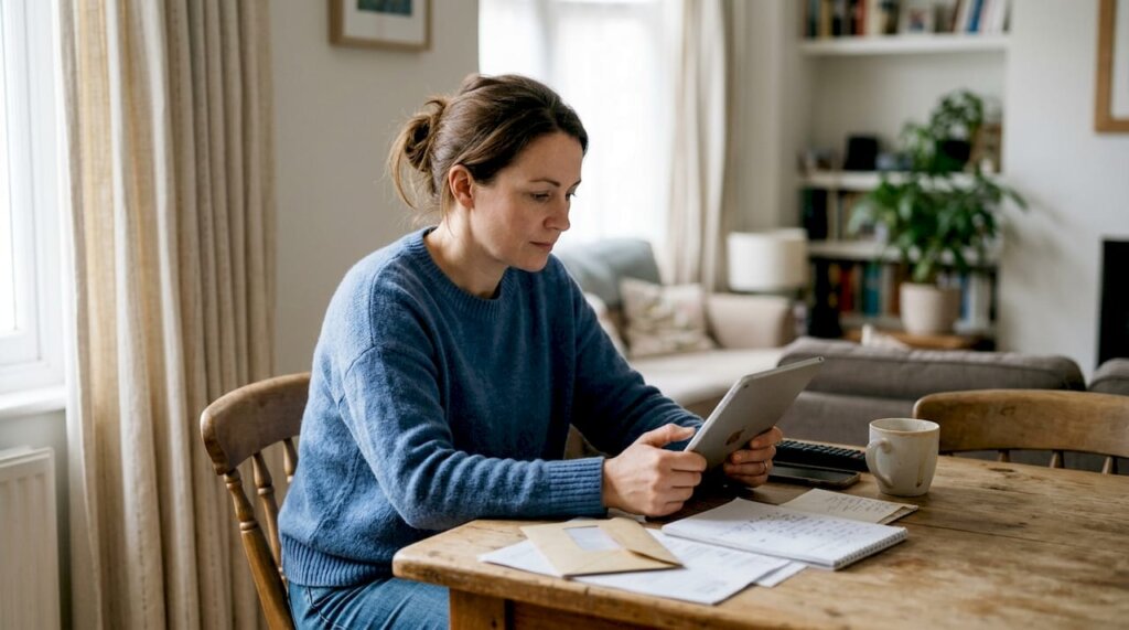 Woman reviewing divorce documents at home table