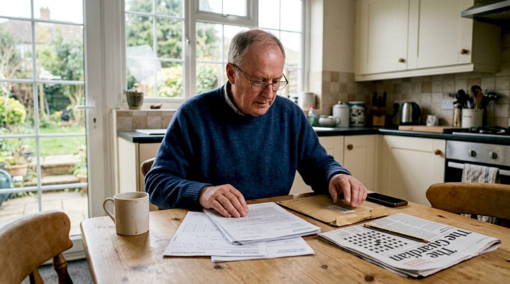Man sorting probate papers at kitchen table