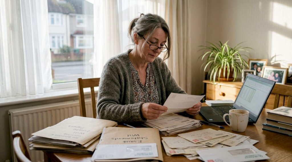 Executor reviewing probate paperwork in home office