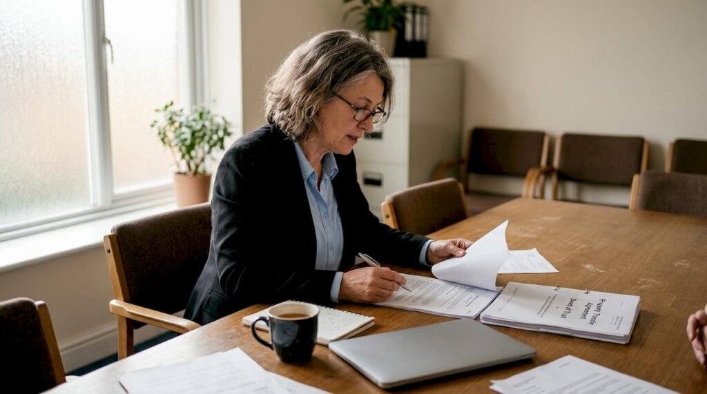 Solicitor reviewing property transfer documents at table