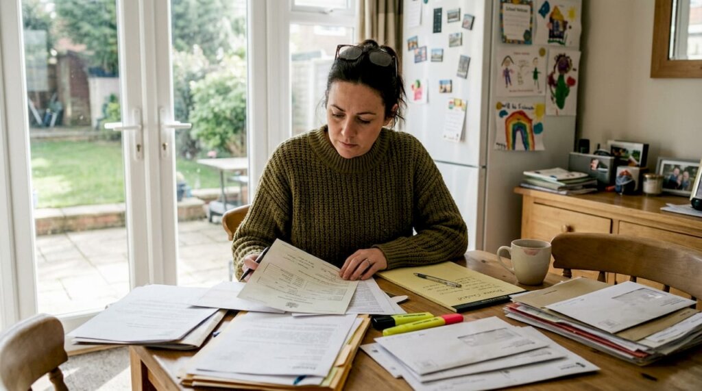 Woman reviewing divorce paperwork at home table
