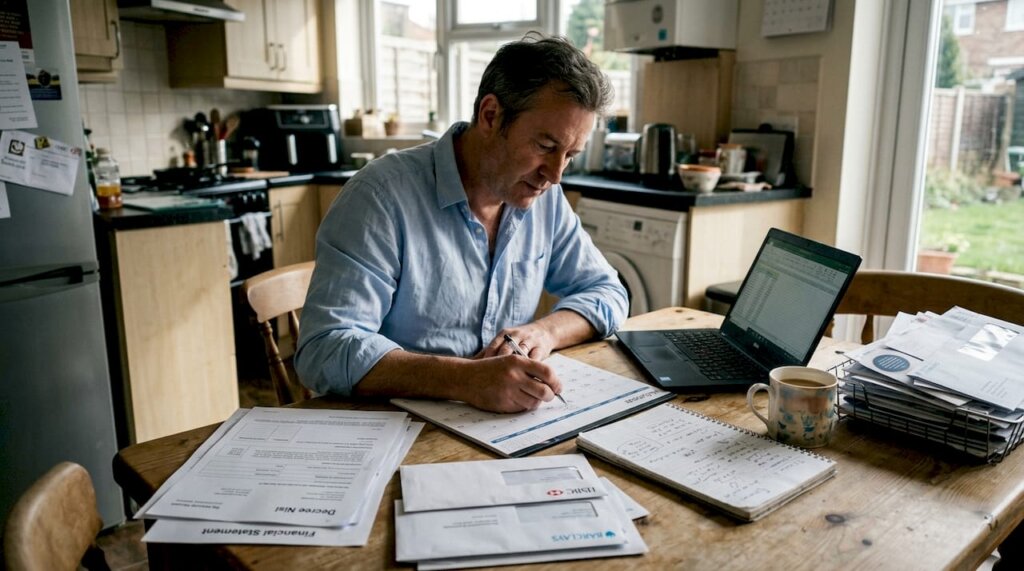 Man reviewing UK divorce paperwork at kitchen table