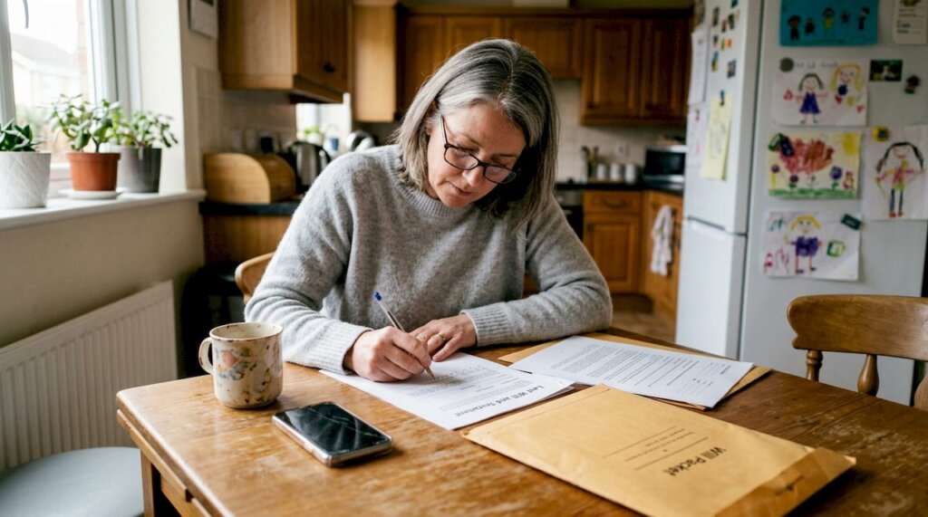 Woman reviewing will documents at kitchen table