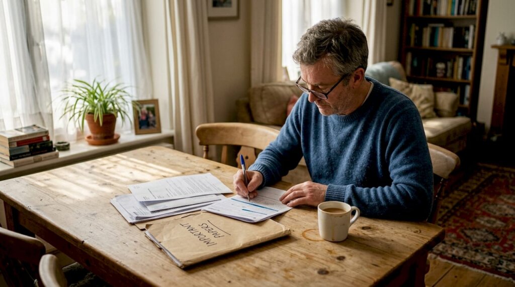 Man drafting will at dining table in sunlight