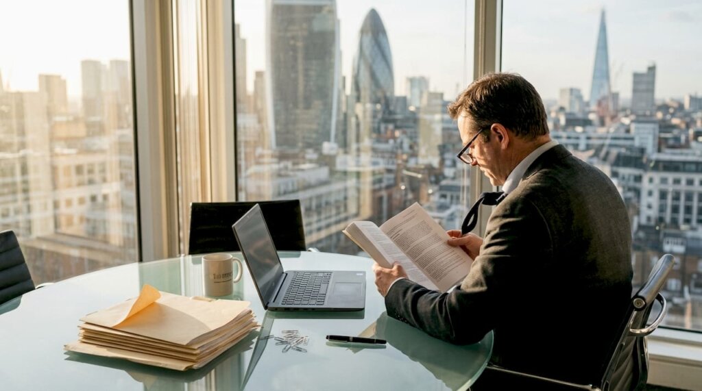 Business owner reviews divorce paperwork in office