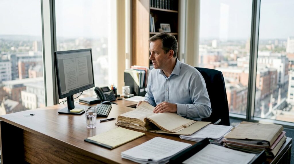 Solicitor reviewing property documents in office