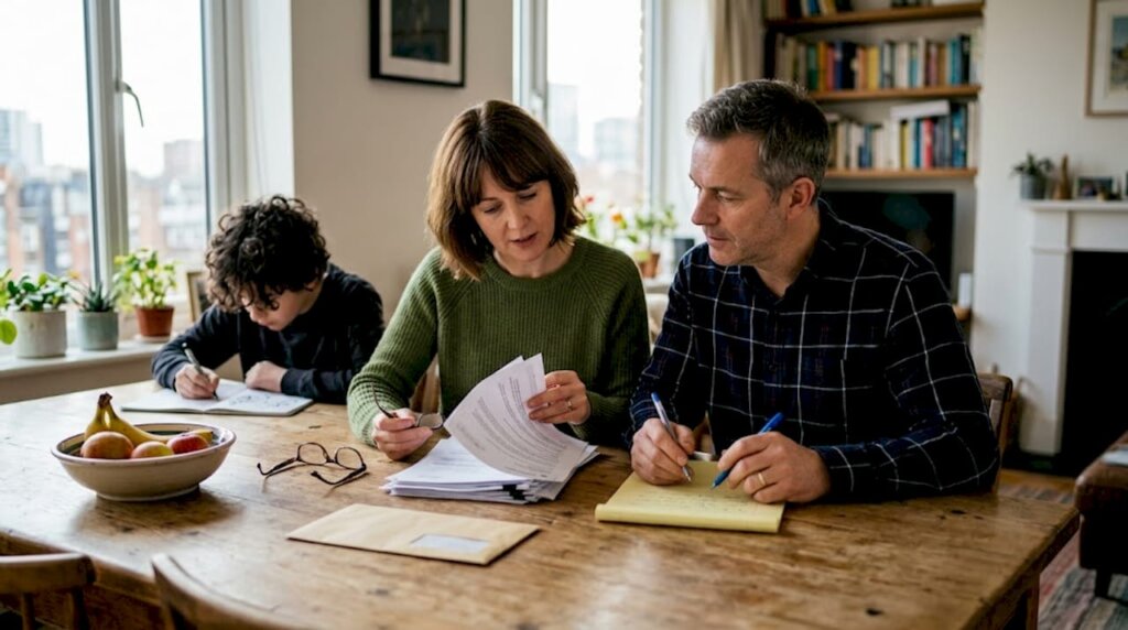 Family reviewing will documents at kitchen table