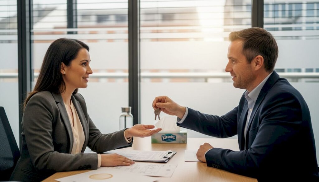 Solicitor and client discuss property transfer paperwork