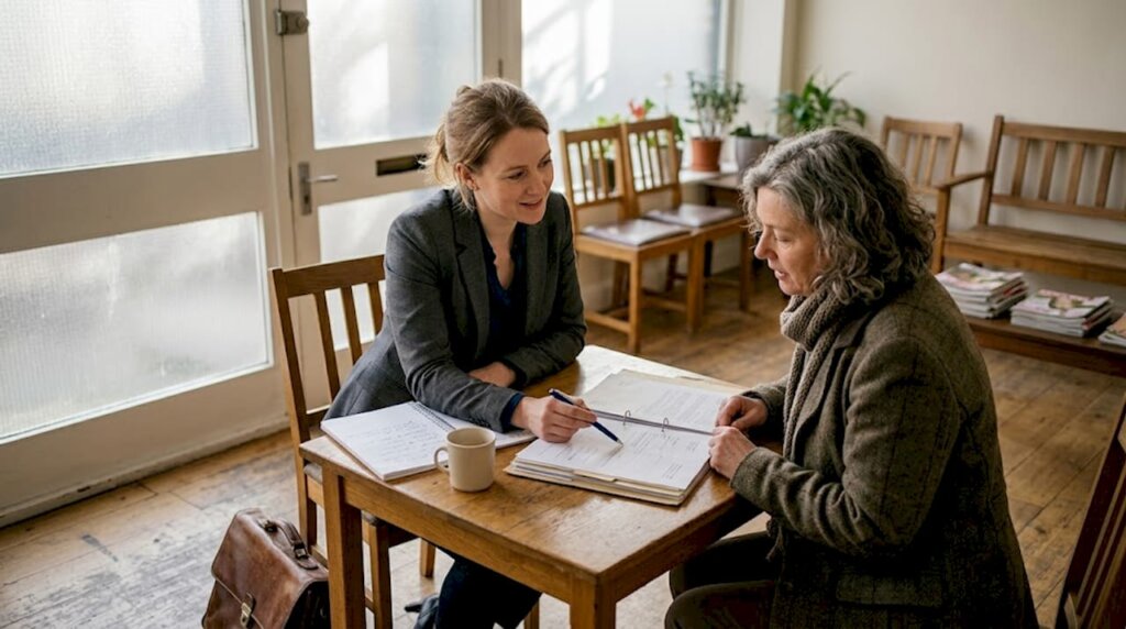 Solicitor reviewing paperwork with client in office