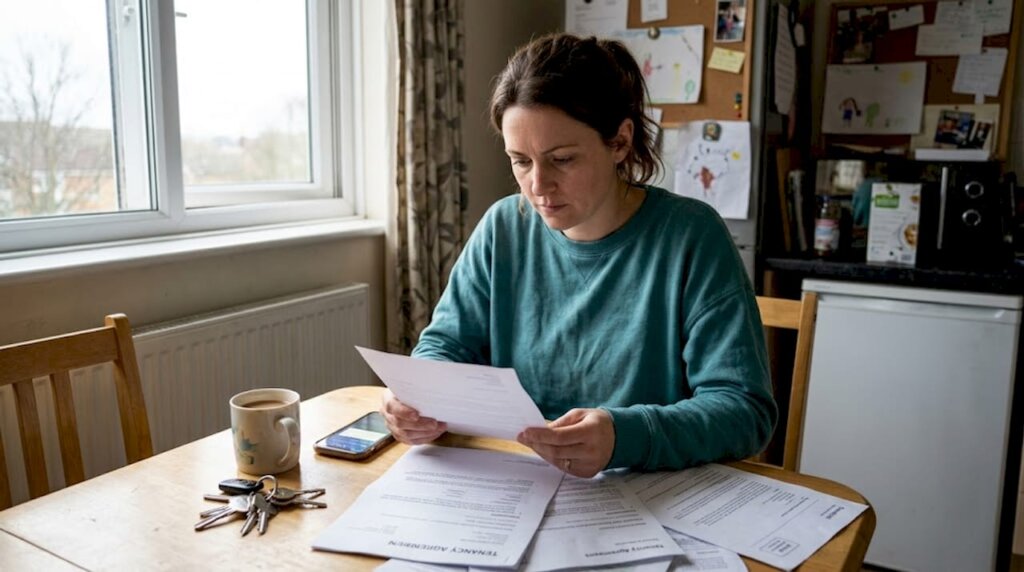 Tenant reviewing documents after divorce in rented flat