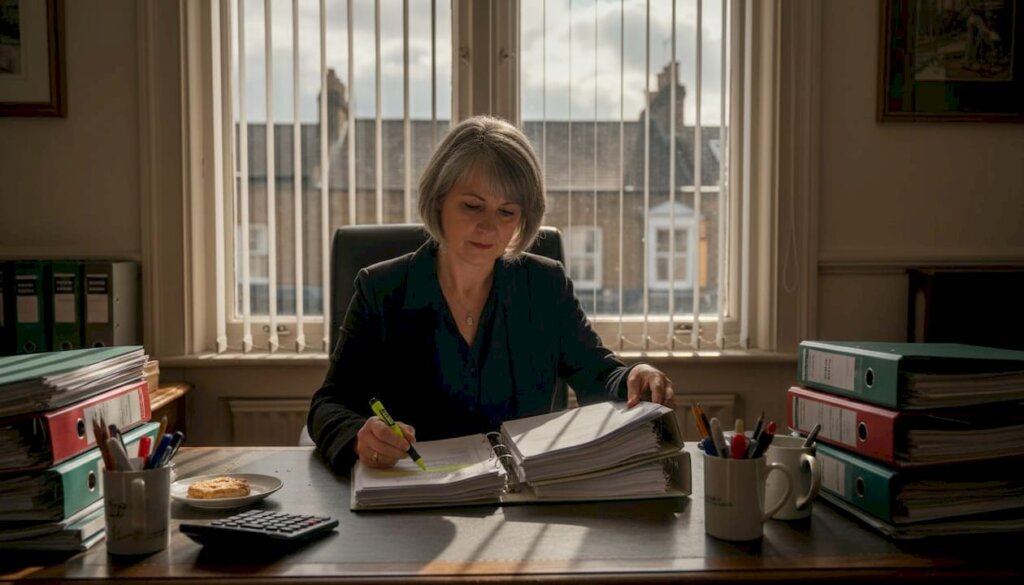 Solicitor reviewing conveyancing documents at cluttered desk