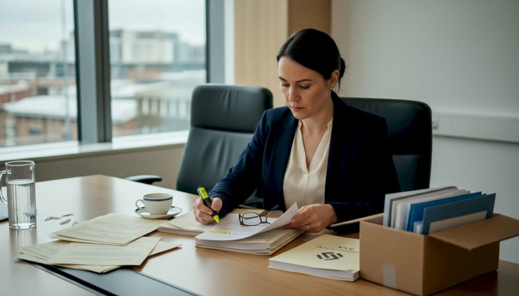 Solicitor reviewing eviction paperwork at desk