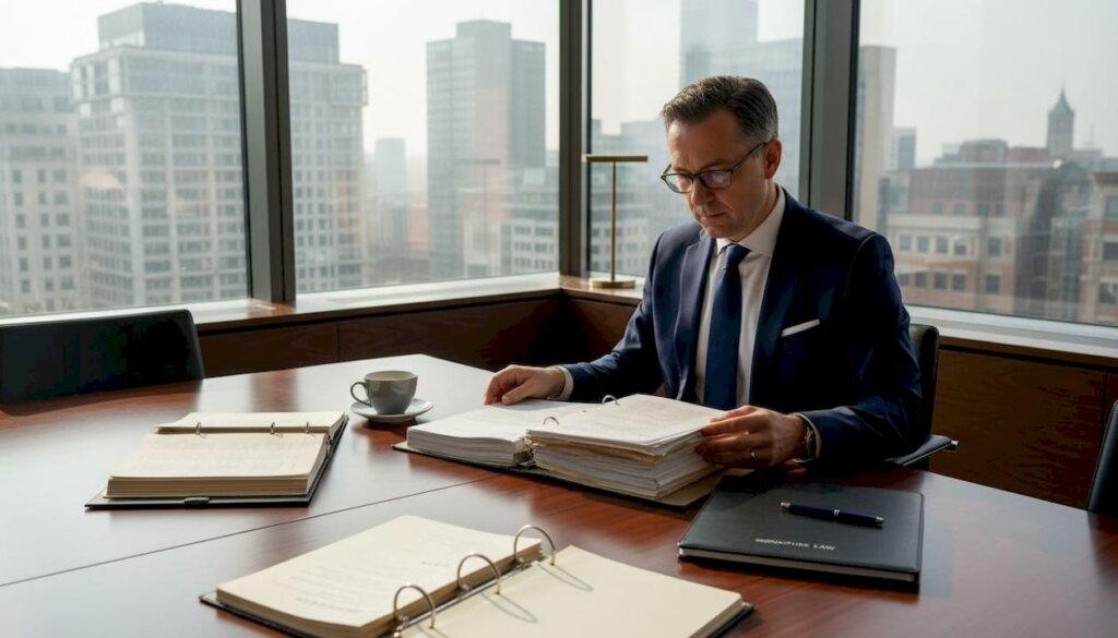 Solicitor reviewing financial documents in office