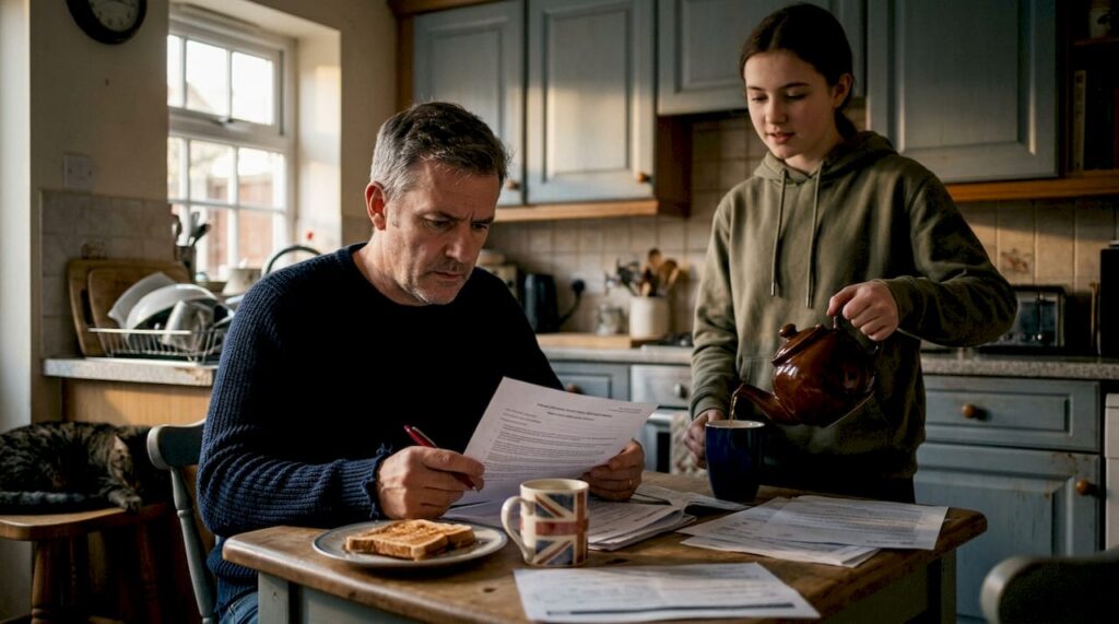 Father reviewing papers at kitchen table