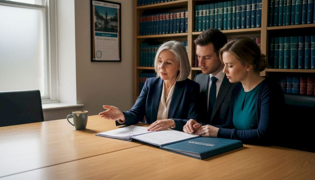 Mediator and couple at family law office table