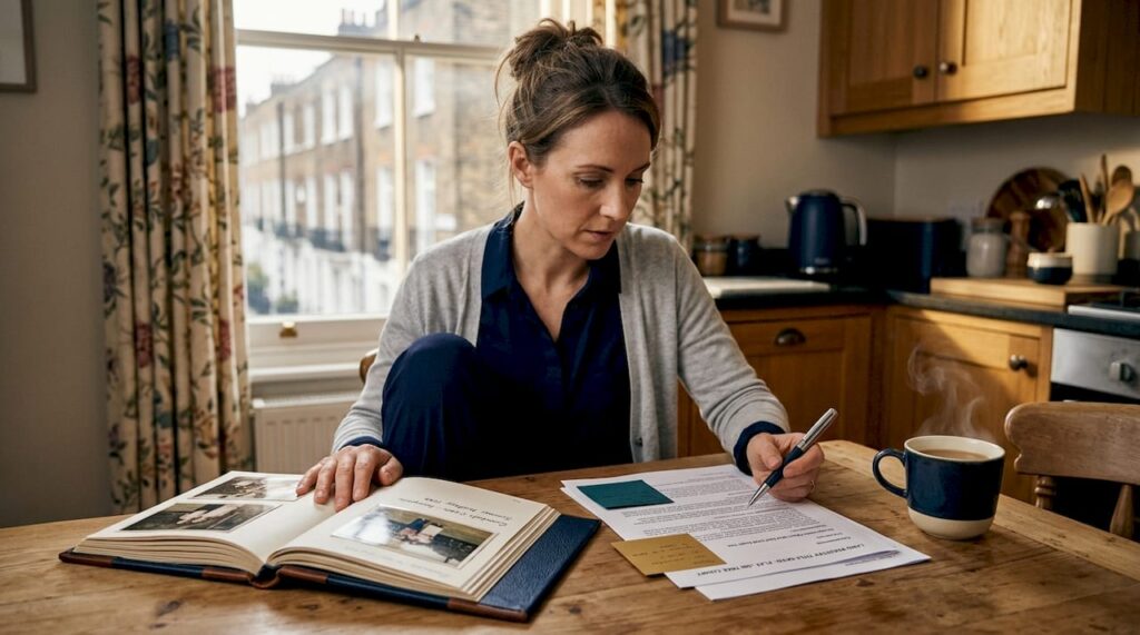 Woman reviewing property documents at table