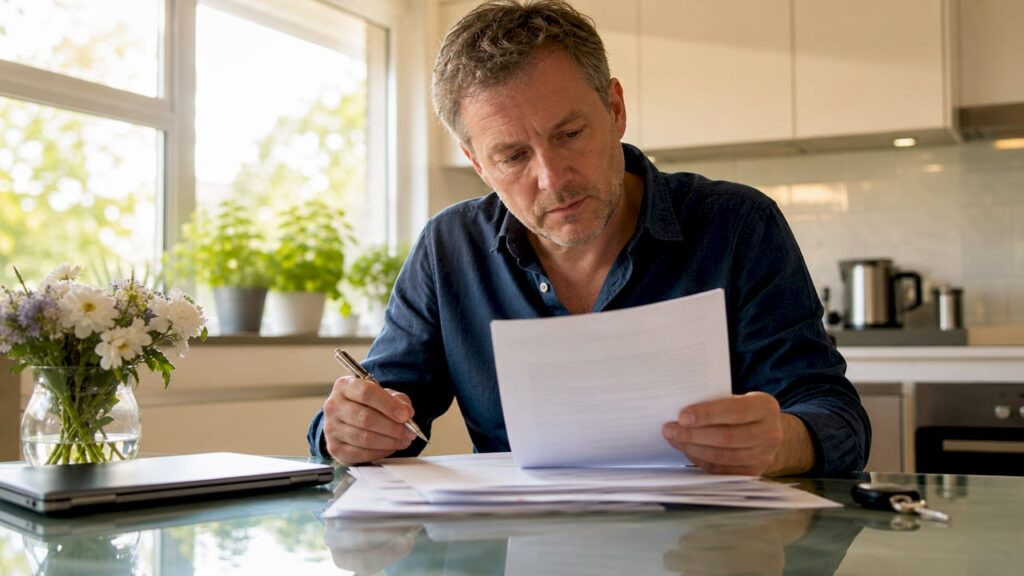 Man reviewing mortgage documents at home desk