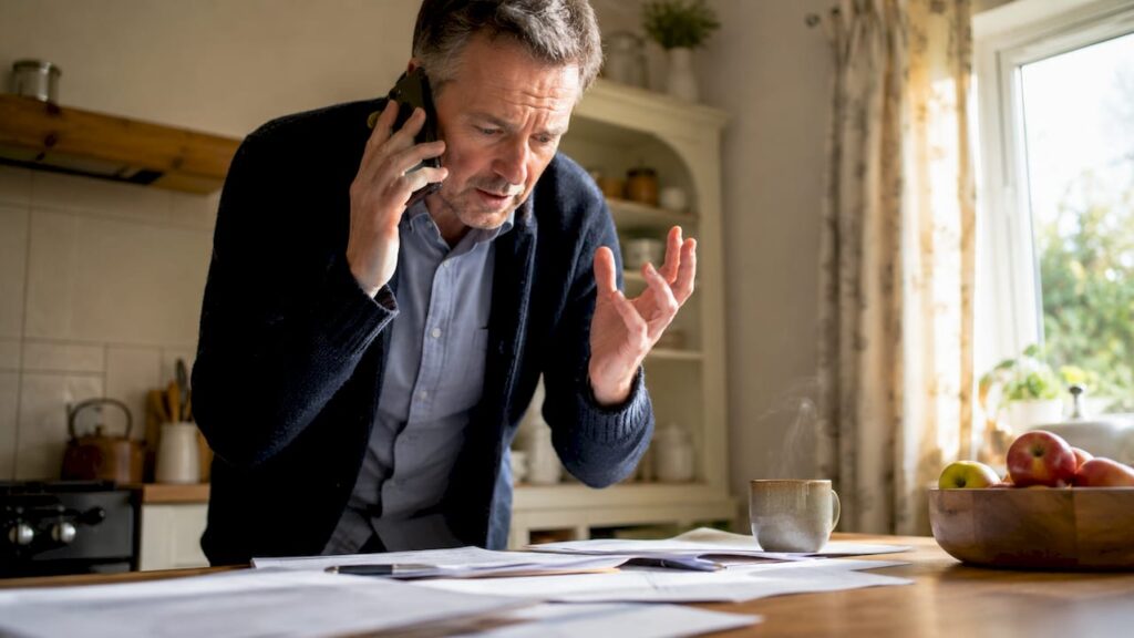 UK landlord discussing tenant dispute on phone