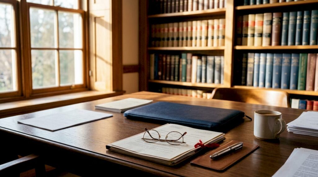 Desk with legal documents and reading glasses