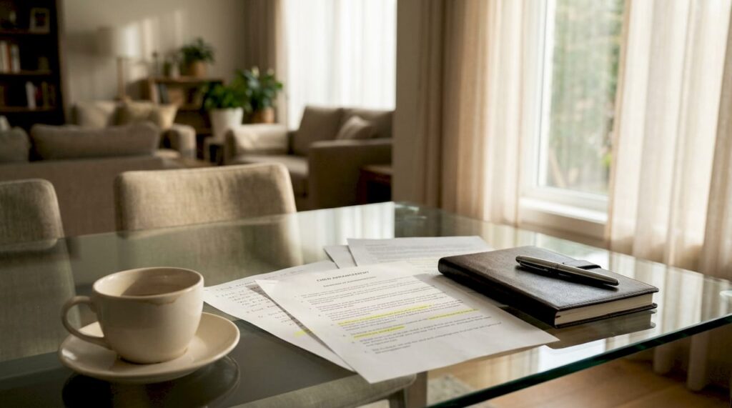 Close-up of child arrangement documents on table
