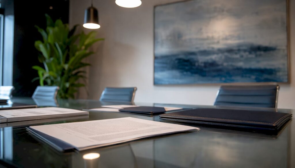 Legal documents and portfolios on conference table