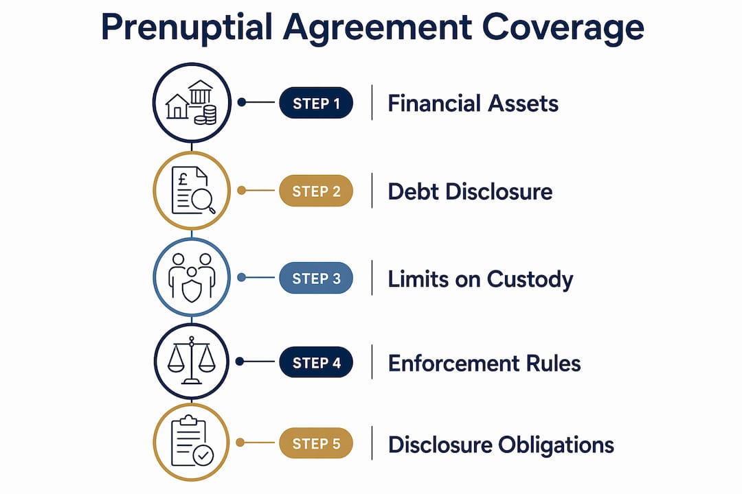 Infographic detailing prenuptial agreement coverage steps