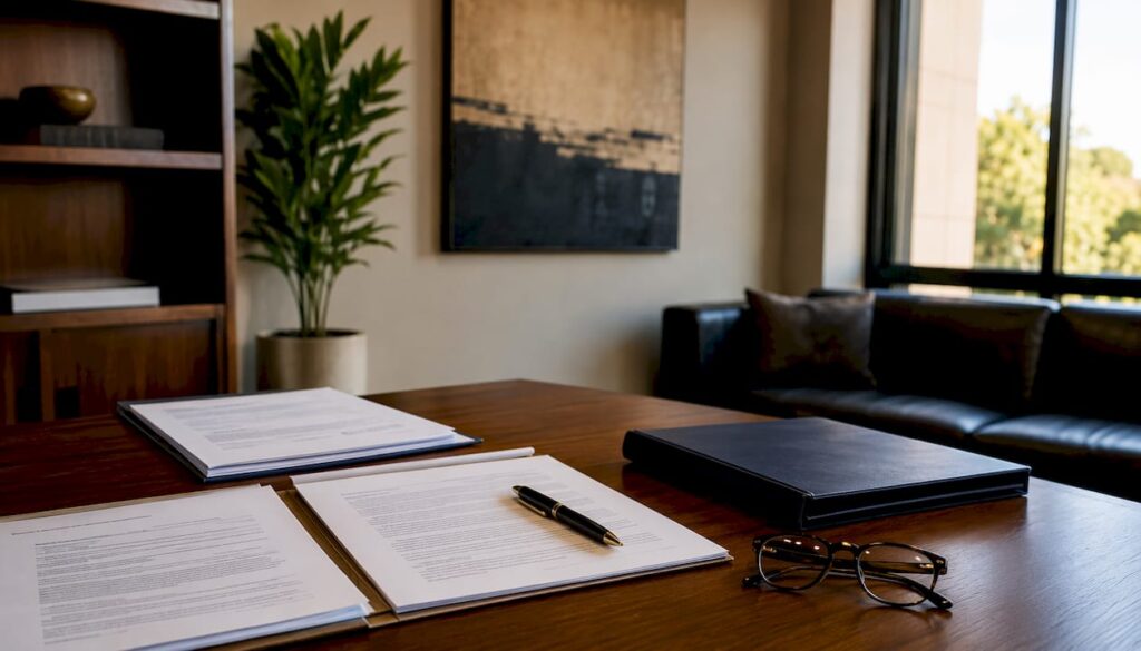 Legal documents and business files on desk