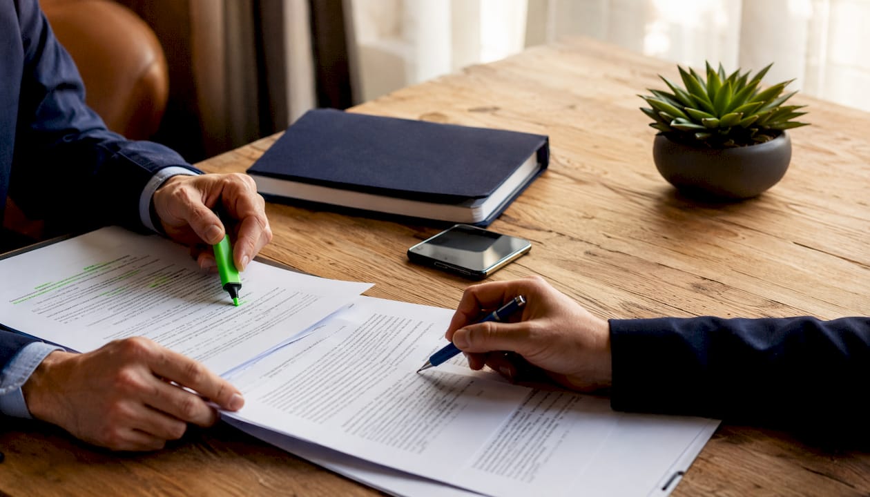 Hands marking SME legal contracts on table