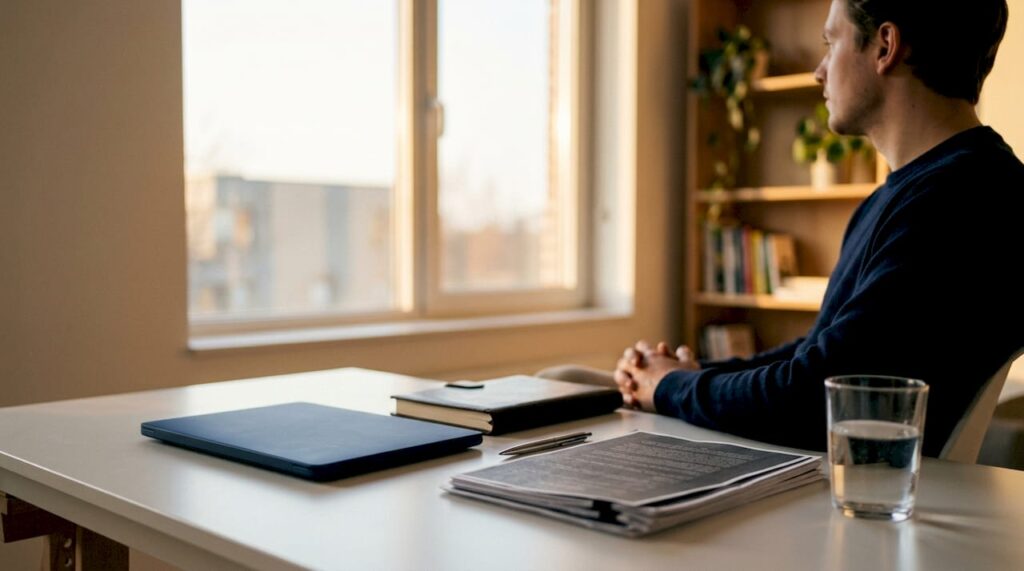 Desk with legal documents and laptop, office setting