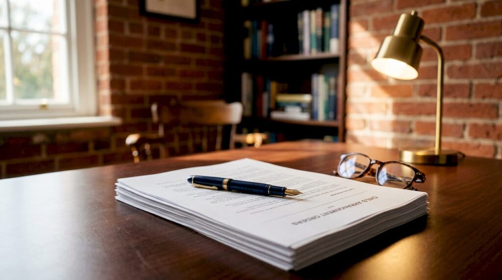 Close-up of legal documents and pen on desk