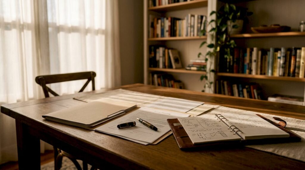 Estate planning documents on wooden desk