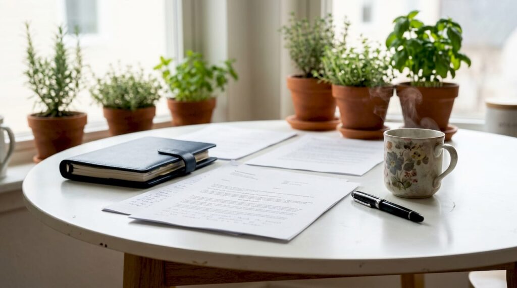 Desk with divorce checklist documents and tea cup